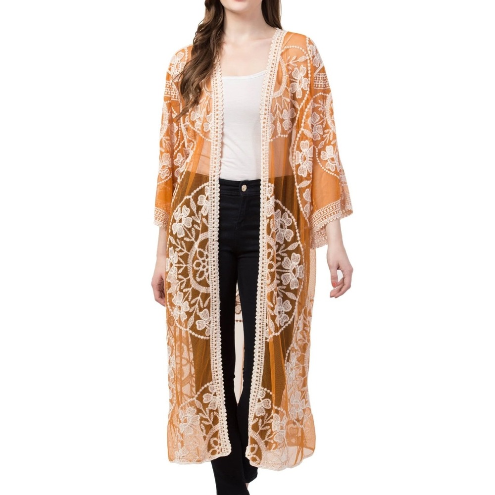 Ana & Rose Floral Lace Mesh Kimono Cardigan Women L Orange Boho Sheer Beach Chic